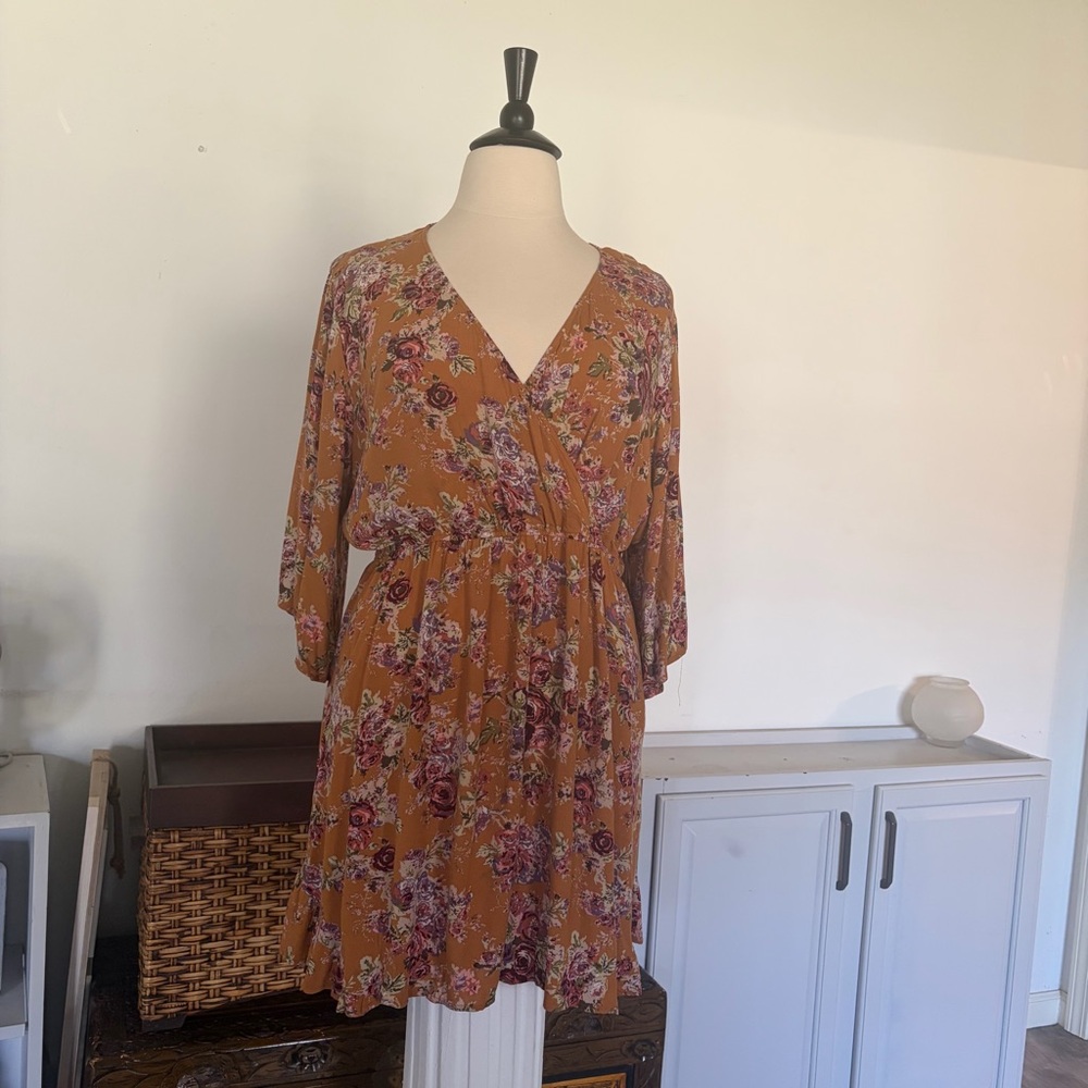 Xhilaration Mustard Floral Wrap Dress with Long Sleeves